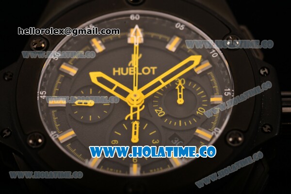 Hublot King Power Chrono Swiss Valjoux 7750 Automatic PVD Case with Black Dial and Yellow Stick Markers - Click Image to Close
