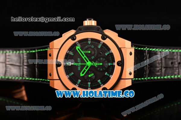 Hublot King Power Chrono Swiss Valjoux 7750 Automatic Rose Gold Case with Black Dial and Green Stick Markers - Click Image to Close