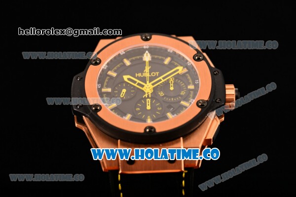 Hublot King Power Chrono Swiss Valjoux 7750 Automatic Rose Gold Case with Black Dial and Yellow Stick Markers - Click Image to Close
