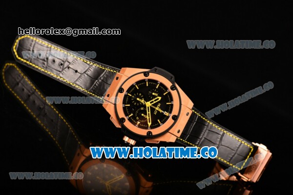 Hublot King Power Chrono Swiss Valjoux 7750 Automatic Rose Gold Case with Black Dial and Yellow Stick Markers - Click Image to Close