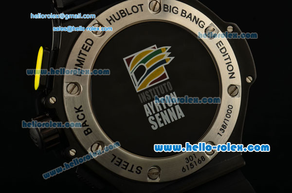 Hublot Big Bang Ayrton Senna Chronograph Miyota Quartz Movement PVD Case with Black Dial and Yellow Stick Markers - Click Image to Close
