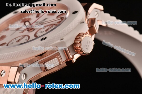 Hublot Big Bang Chrono Clone HUB4100 Automatic Rose Gold/Ceramic Case with White Rubber Strap White Dial - Click Image to Close