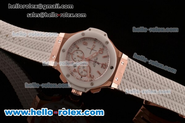 Hublot Big Bang Chrono Clone HUB4100 Automatic Rose Gold/Ceramic Case with White Rubber Strap White Dial - Click Image to Close