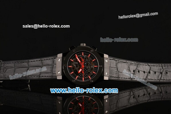 Hublot Classic Fusion Asia 3836 Automatic PVD Case with Red Stick Markers Black Leather Strap and Skeleton Dial - Click Image to Close