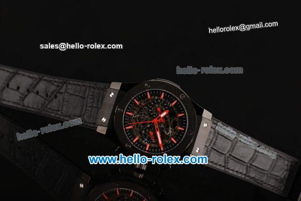 Hublot Classic Fusion Asia 3836 Automatic PVD Case with Red Stick Markers Black Leather Strap and Skeleton Dial - Click Image to Close