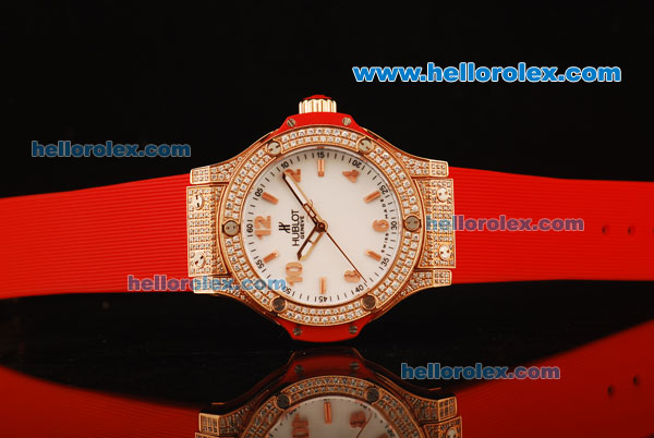 Hublot Big Bang King Swiss Quartz Movement Diamond Case and Bezel with White Dial and Red Rubber Strap - Click Image to Close