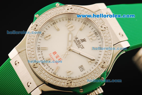 Hublot Big Bang King Swiss Quartz Movement Steel Case with Diamond Bezel and Green Rubber Strap - Click Image to Close