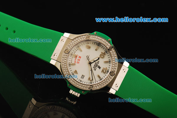 Hublot Big Bang King Swiss Quartz Movement Steel Case with Diamond Bezel and Green Rubber Strap - Click Image to Close