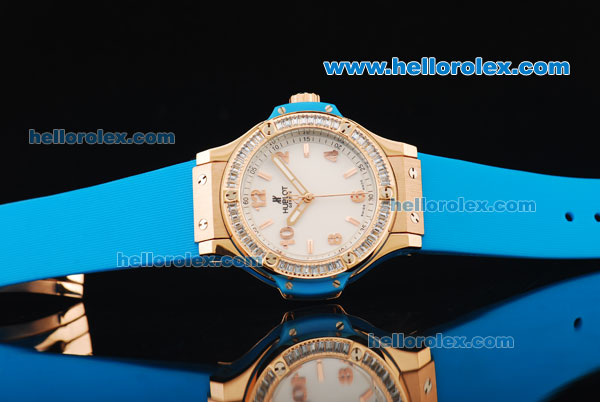 Hublot Big Bang Swiss Quartz Movement Rose Gold Case with Diamond Bezel and Blue Rubber Strap - Click Image to Close