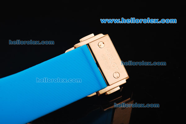 Hublot Big Bang Swiss Quartz Movement Rose Gold Case with Diamond Bezel and Blue Rubber Strap - Click Image to Close