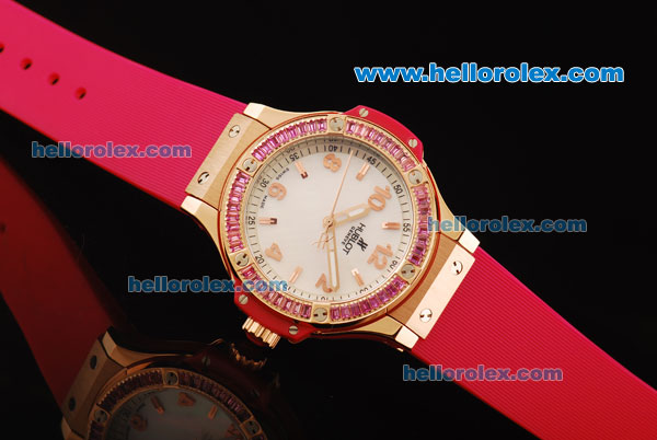 Hublot Big Bang Swiss Quartz Movement Rose Gold Case with Pink Diamond Bezel and Pink Rubber Strap - Click Image to Close
