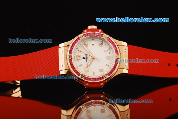 Hublot Big Bang Swiss Quartz Movement Rose Gold Case with Pink Diamond Bezel and Red Rubber Strap - Click Image to Close