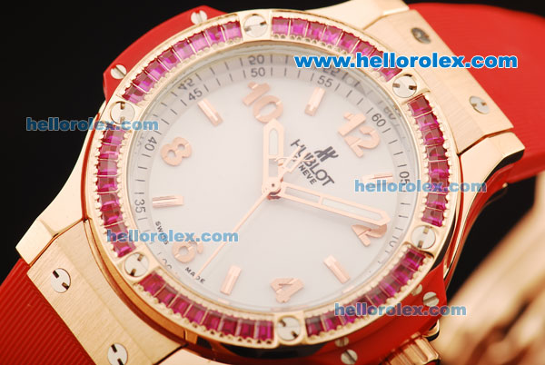 Hublot Big Bang Swiss Quartz Movement Rose Gold Case with Pink Diamond Bezel and Red Rubber Strap - Click Image to Close