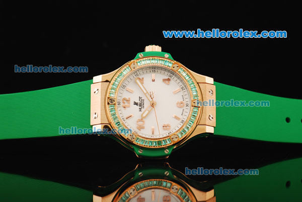 Hublot Big Bang Swiss Quartz Movement Rose Gold Case with Green Diamond Bezel and Green Rubber Strap - Click Image to Close