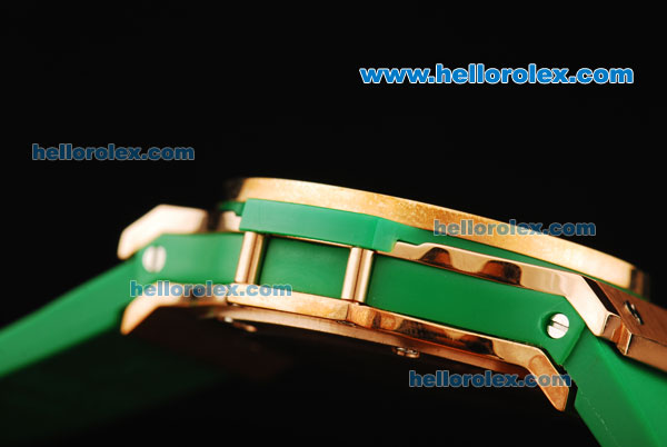 Hublot Big Bang Swiss Quartz Movement Rose Gold Case with Green Diamond Bezel and Green Rubber Strap - Click Image to Close