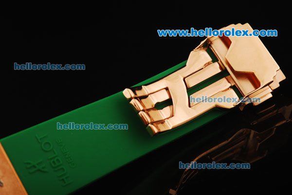 Hublot Big Bang Swiss Quartz Movement Rose Gold Case with Green Diamond Bezel and Green Rubber Strap - Click Image to Close