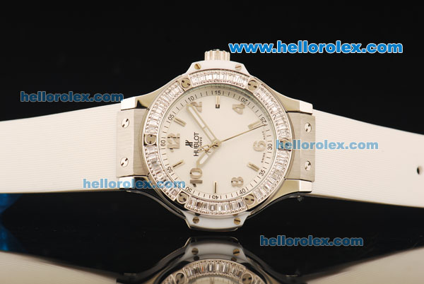 Hublot Big Bang Swiss Quartz Movement Steel Case with Diamond Bezel and White Rubber Strap - Click Image to Close