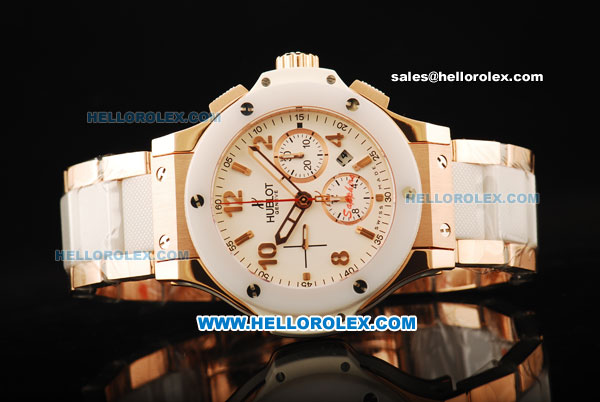 Hublot Big Bang Chronograph Swiss Valjoux 7750 Automatic Movement Rose Gold Case with White Ceramic Bezel and Rose Gold/Ceramic Strap - Click Image to Close