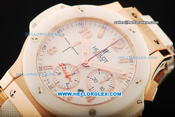 Hublot Big Bang Chronograph Swiss Valjoux 7750 Automatic Movement Rose Gold Case with White Ceramic Bezel and Rose Gold/Ceramic Strap - Click Image to Close