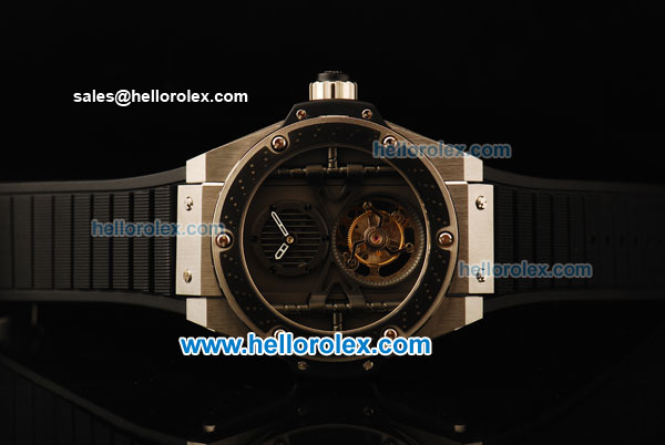 Hublot King Power Swiss Tourbillon Manual Winding Movement Steel Case with Black Bezel and Black Rubber Strap - Click Image to Close