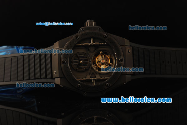 Hublot King Power Swiss Tourbillon Manual Winding Movement All Black with PVD Case and Black Rubber Strap - Click Image to Close