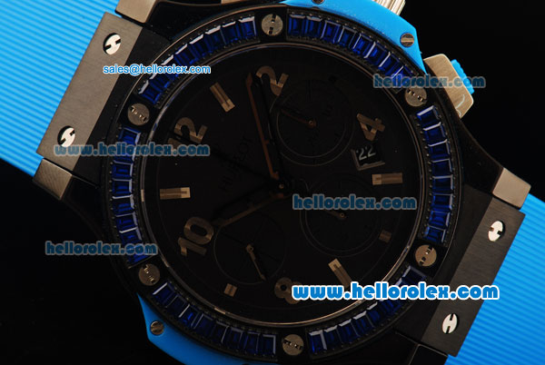 Hublot Big Bang Chronograph Swiss Valjoux 7750 Automatic Movement PVD Case with Blue Diamond Bezel and Blue Rubber Strap - Click Image to Close