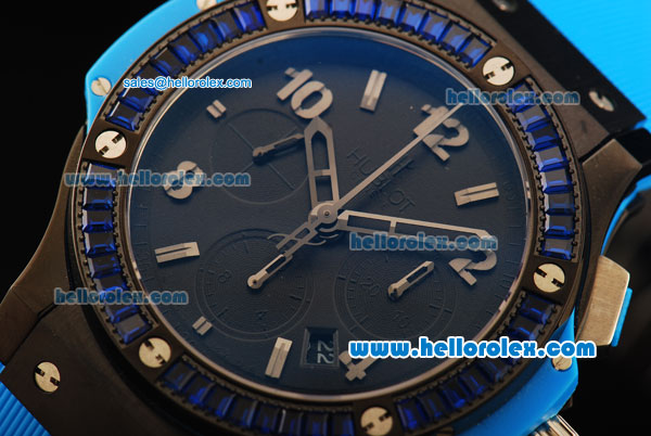 Hublot Big Bang Chronograph Swiss Valjoux 7750 Automatic Movement PVD Case with Blue Diamond Bezel and Blue Rubber Strap - Click Image to Close