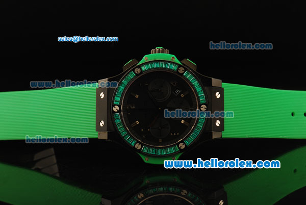 Hublot Big Bang Chronograph Swiss Valjoux 7750 Automatic Movement PVD Case with Green Diamond Bezel and Green Rubber Strap - Click Image to Close