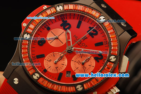 Hublot Big Bang Chronograph Swiss Valjoux 7750 Automatic Movement PVD Case with Red Diamond Bezel and Red Rubber Strap - Click Image to Close
