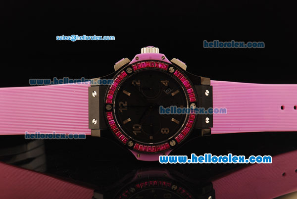 Hublot Big Bang Chronograph Swiss Valjoux 7750 Automatic Movement PVD Case with Pink Diamond Bezel and Pink Rubber Strap - Click Image to Close