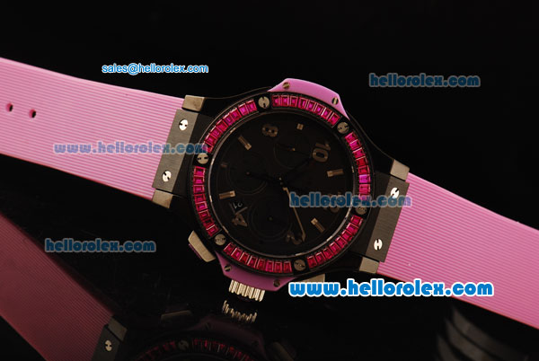 Hublot Big Bang Chronograph Swiss Valjoux 7750 Automatic Movement PVD Case with Pink Diamond Bezel and Pink Rubber Strap - Click Image to Close