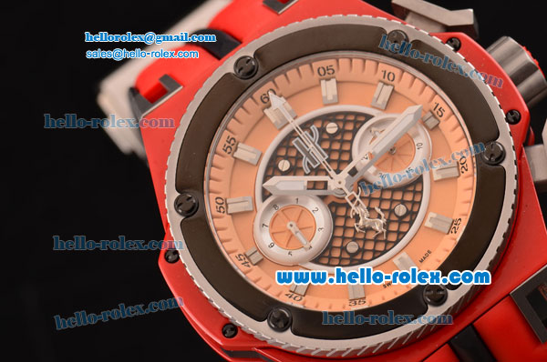 Hublot King Power Chronograph Swiss Valjoux 7750 Automatic Steel Case with Black Bezel and Salmon Dial Stick Markers - Click Image to Close