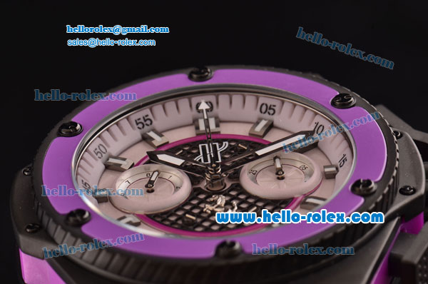 Hublot King Power Chronograph Swiss Valjoux 7750 Automatic PVD Case with White Dial and Purple Bezel - Click Image to Close