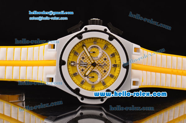 Hublot King Power Chronograph Swiss Valjoux 7750 Automatic Steel Case with White Bezel and Yellow Dial - Click Image to Close