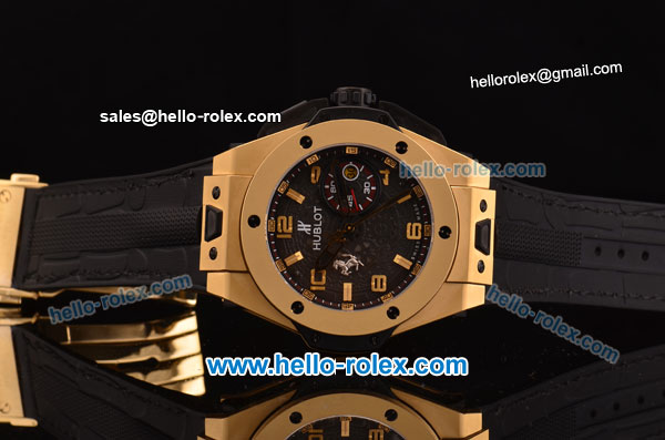 Hublot Big Bang Ferrari Swiss Valjoux 7750-SHG Automatic Gold Case with Gold Stick/Numeral Marekrs Black Dial and Black Rubber Strap - Click Image to Close