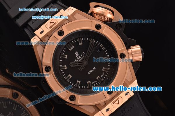 Hublot King Power Oceanographic 4000 Swiss ETA 2836 Automatic Rose Gold Case with Stick Markers Black Dial and Black Rubber Strap - Click Image to Close