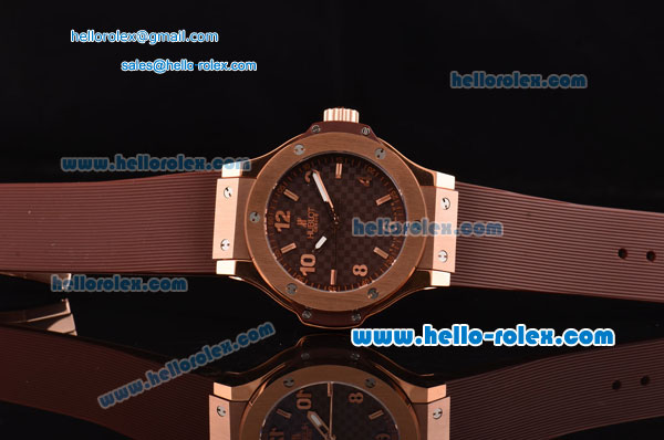 Hublot Big Bang Swiss ETA Quartz Rose Gold Case with Stick/Numeral Markers Brown Carbon Fiber Dial and Brown Rubber Strap - Click Image to Close