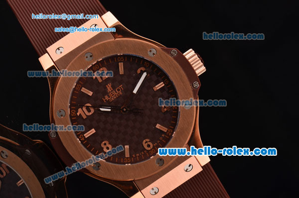 Hublot Big Bang Swiss ETA Quartz Rose Gold Case with Stick/Numeral Markers Brown Carbon Fiber Dial and Brown Rubber Strap - Click Image to Close