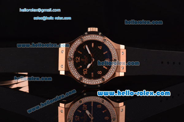 Hublot Big Bang Swiss Quartz Rose Gold Case with Stick/Numeral Markers Diamond Bezel and Black Rubber Strap - Click Image to Close