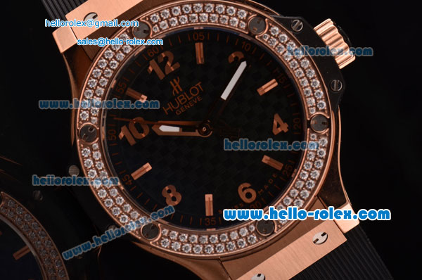 Hublot Big Bang Swiss Quartz Rose Gold Case with Stick/Numeral Markers Diamond Bezel and Black Rubber Strap - Click Image to Close