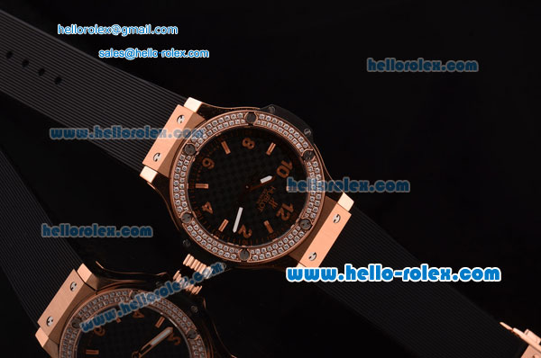 Hublot Big Bang Swiss Quartz Rose Gold Case with Stick/Numeral Markers Diamond Bezel and Black Rubber Strap - Click Image to Close