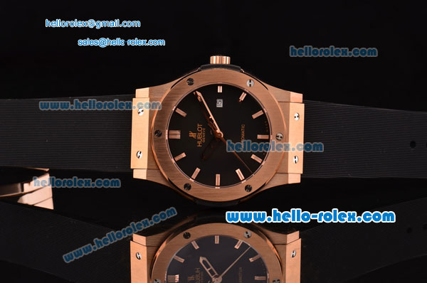 Hublot Classic Fusion Swiss ETA 2834 Automatic Rose Gold Case with Black Dial Stick Markers and Black Rubber Strap - Click Image to Close