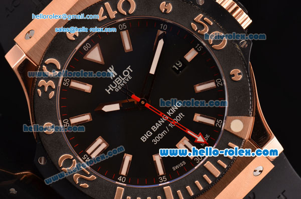 Hublot Big Bang King Swiss Valjoux 7750-CHG Automatic Rose Gold Case with Stick Markers Black Dial and Black Bezel - Click Image to Close