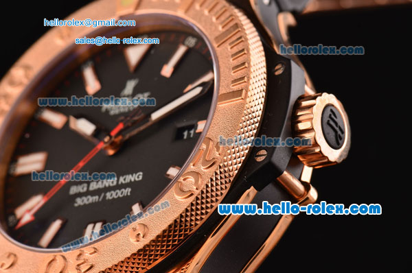 Hublot Big Bang King Swiss Valjoux 7750-CHG Automatic Rose Gold Case with stick Markers and Black Rubber Strap - Click Image to Close