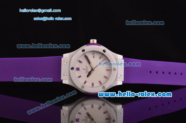 Hublot Classic Fusion Japanese Miyota OS2035 Quartz Ceramic Case with Purple Rubber Strap and White Dial Stick Markers - Click Image to Close