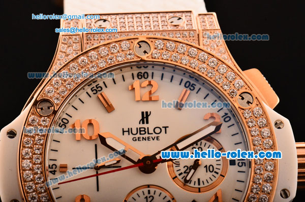 Hublot Big Bang Swiss Valjoux 7750 Automatic Movement Rose Gold Case with Diamond Bezel-White Dial and Rose Gold Markers-White Rubber Strap - Click Image to Close
