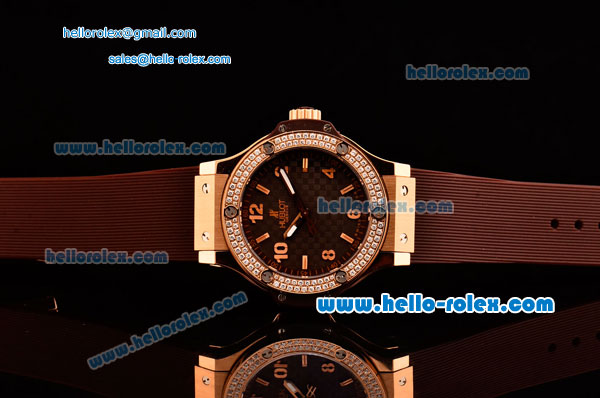 Hublot Big Bang Cappuccino Gold Swiss Quartz Rose Gold Case with Brown Rubber Strap and Brown Carbon Fiber Dial - Diamond Bezel - Click Image to Close