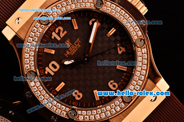 Hublot Big Bang Cappuccino Gold Swiss Quartz Rose Gold Case with Brown Rubber Strap and Brown Carbon Fiber Dial - Diamond Bezel - Click Image to Close