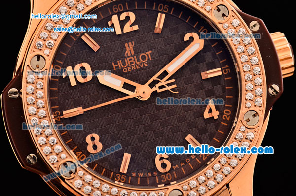 Hublot Big Bang Cappuccino Gold Swiss Quartz Rose Gold Case with Brown Rubber Strap and Brown Carbon Fiber Dial - Diamond Bezel - Click Image to Close