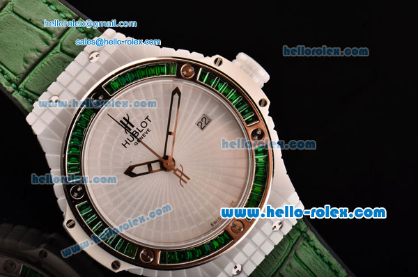 Hublot Big Bang Tutti Frutti Caviar Swiss ETA 2824 Automatic White Ceramic Case with Green Leather Strap and Diamond/Steel Bezel - 1:1 Original - Click Image to Close